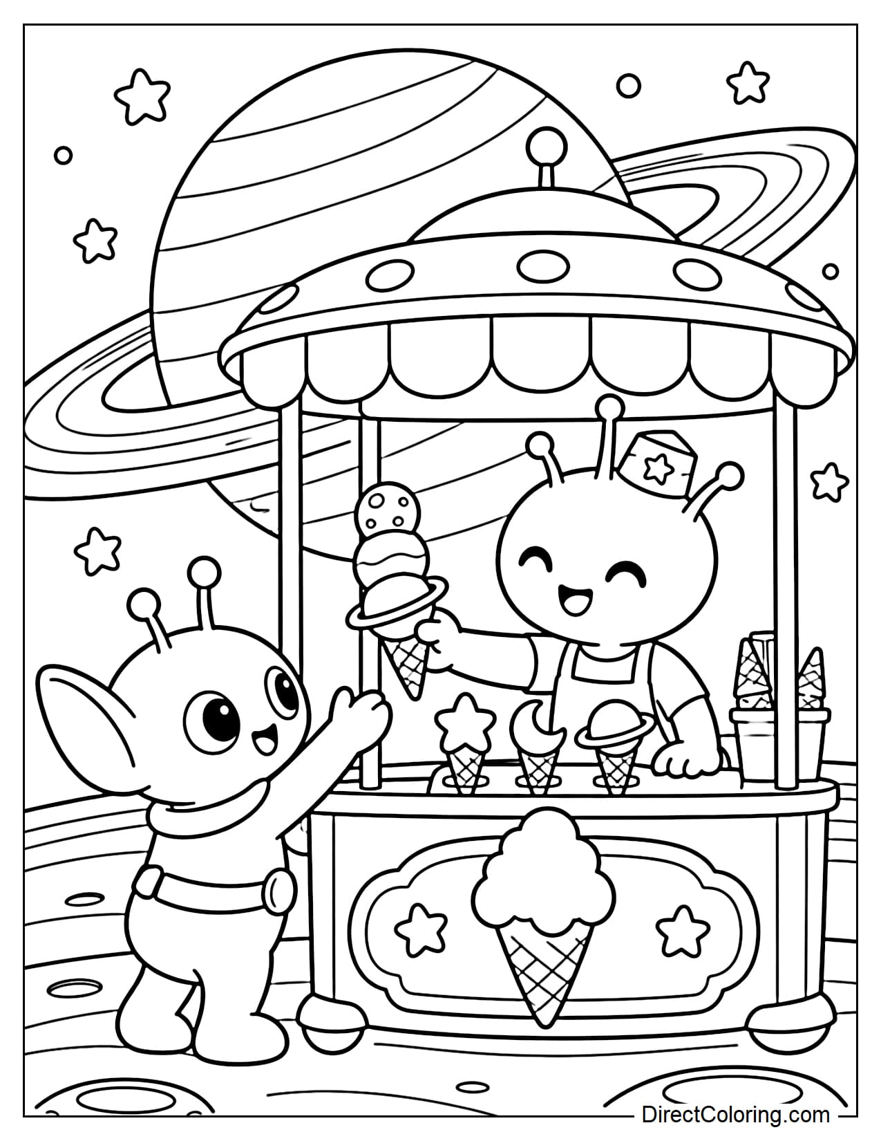 Two aliens are buying and selling ice cream at a small stand on Saturn's ring. The alien vendor wears a star-shaped hat and hands a three-scoop ice cream cone to a customer with large ears. The sweeping curve of Saturn and a few stars appear in the background.