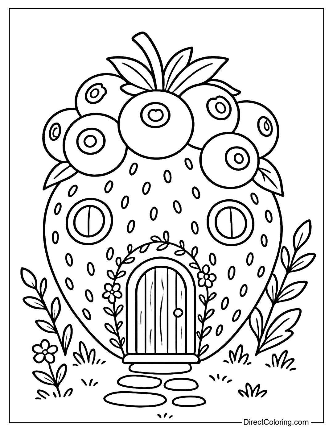 A double house coloring page combining a large strawberry as the main body and a bunch of small blueberries surrounding the roof. The windows are round blueberries, the door is in the middle of the strawberry, with vines and small flowers decorating the door frame.