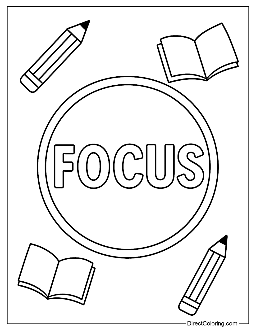 The Focus coloring page is colored in a circular frame like a lens, surrounded by pencils and books.