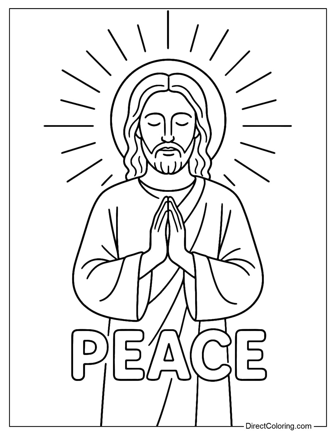 Jesus Coloring Page standing peacefully, two hands placed in front of the chest as if praying.