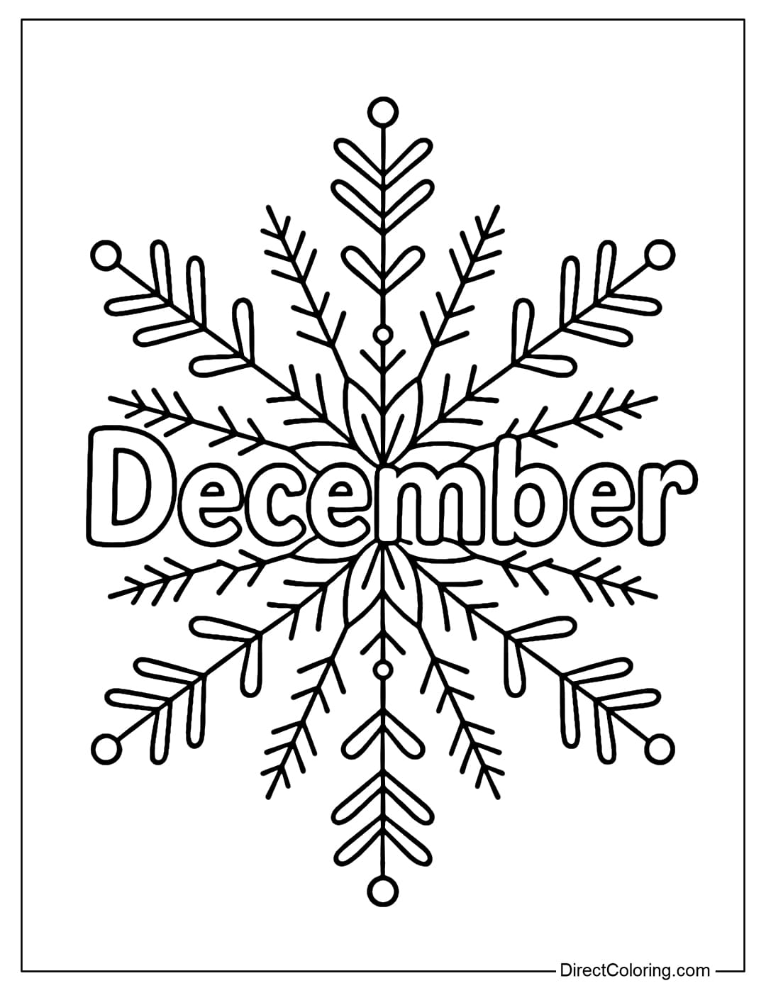 A coloring page of exquisitely symmetrical snowflakes, in the center is the word December.