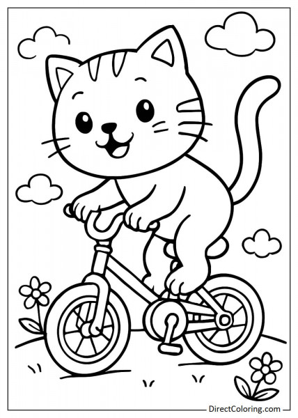 Cat riding a bicycle coloring sheet