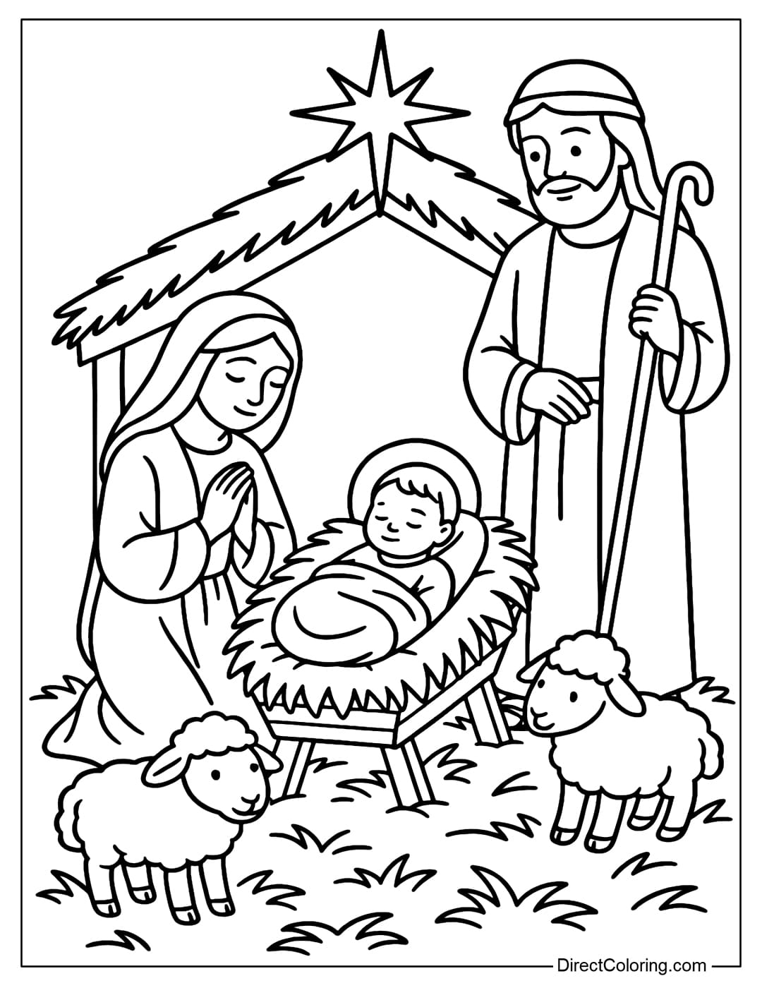Coloring page of the baby Jesus lying in the manger, Mary kneeling on the left and Joseph standing on the right, above is the star of Bethlehem.