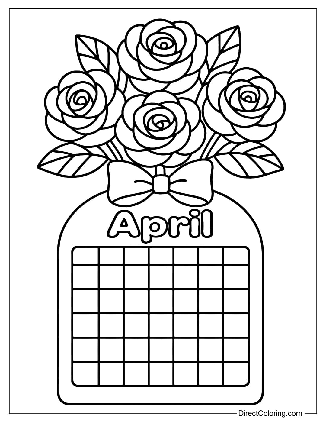 April&nbsp;calendar coloring page features a rounded calendar frame at the bottom and a large bouquet of roses at the top.