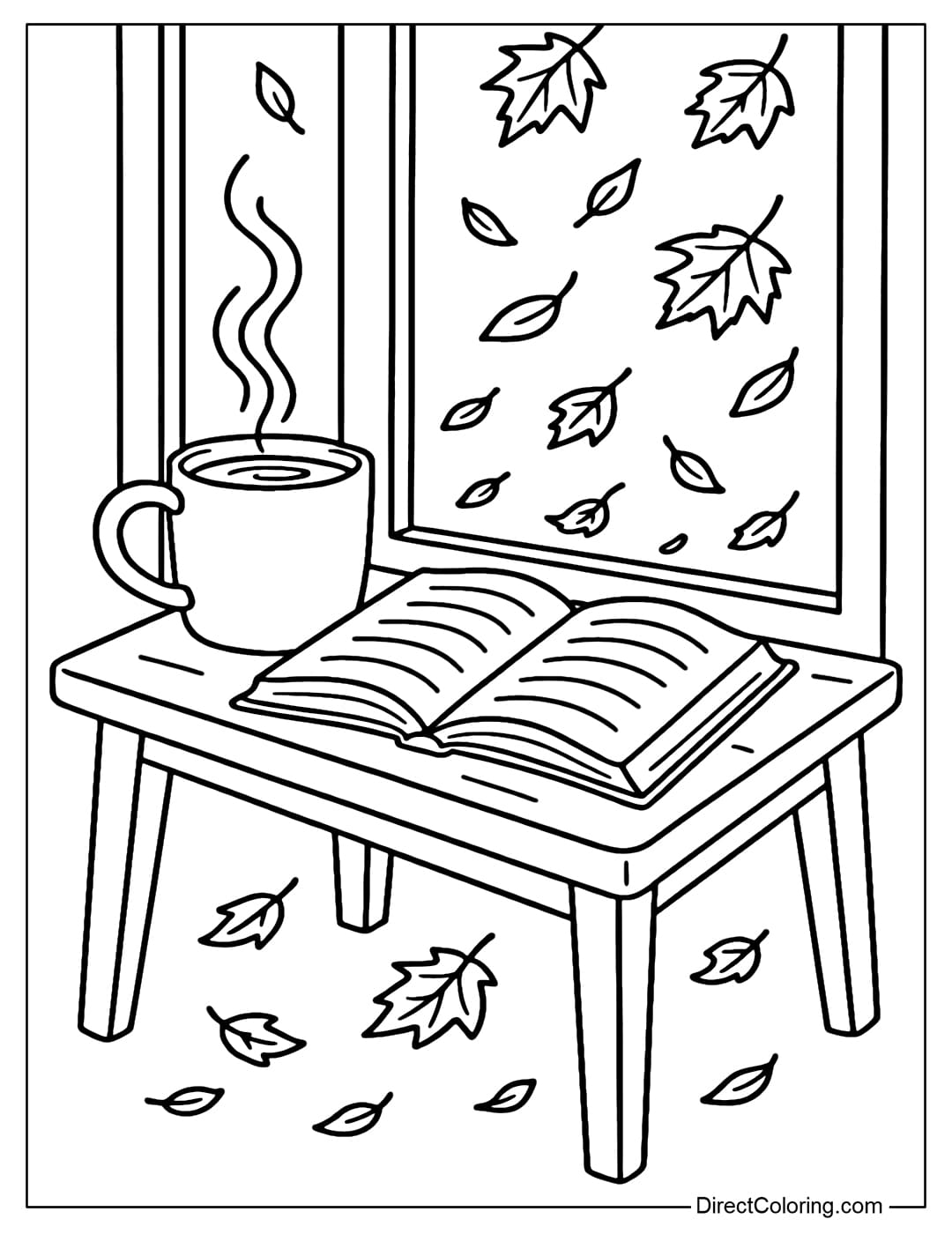 A small wooden table coloring page placed next to the window, on the table is a cup of hot cocoa and an open book, outside the window are falling yellow leaves.