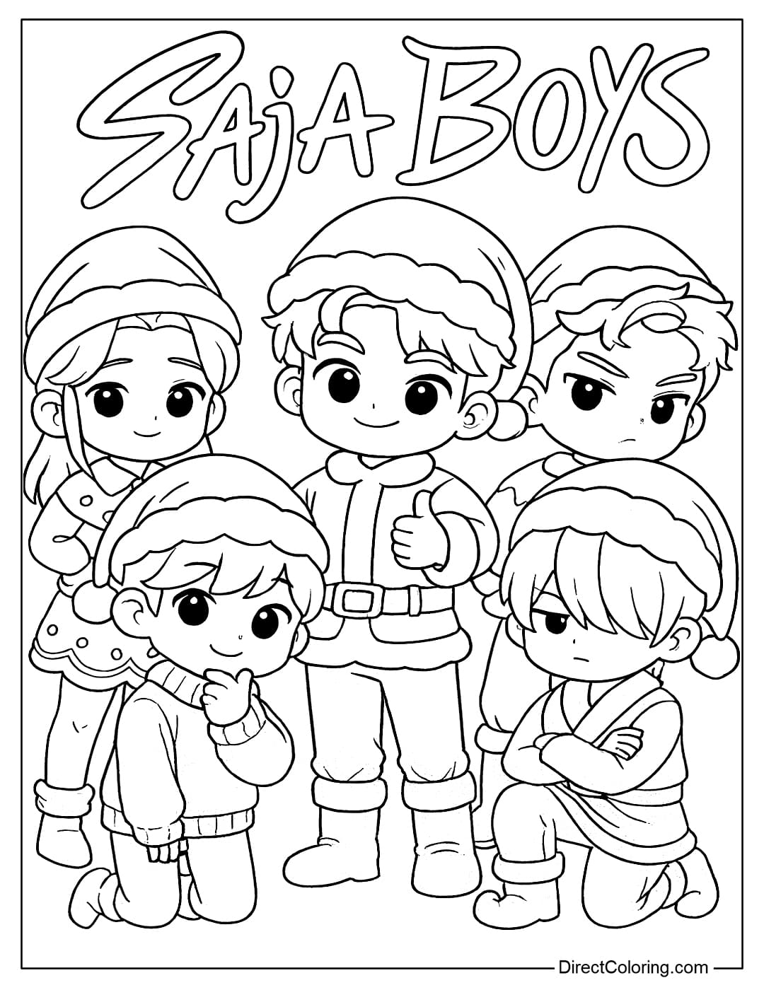 Kpop Demon Hunters Saja Boys coloring page in chibi style in Christmas atmosphere.