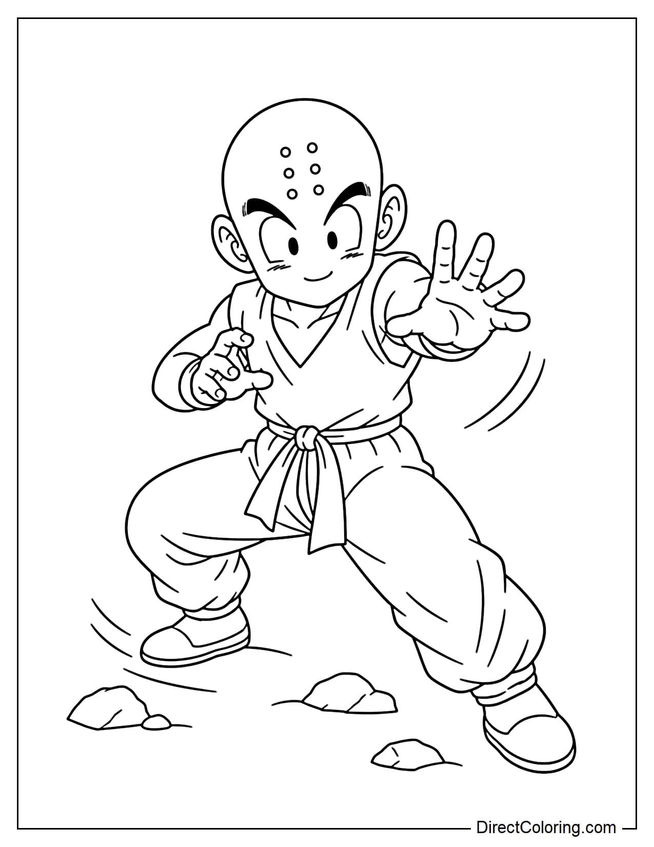 Krillin is lightly sliding one leg sideways into a fighting pose, one hand extended forward, the other bent close to his chest, with several lines of rock and curves of movement below.