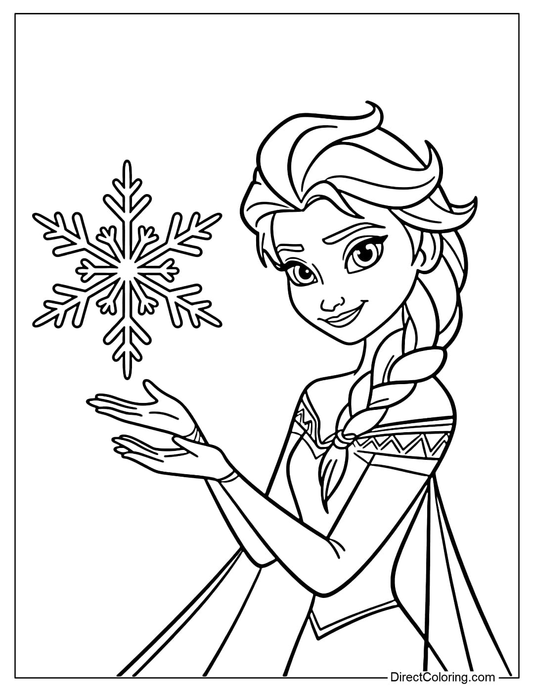 A coloring page of Princess Elsa creating a simple large snowflake effect.