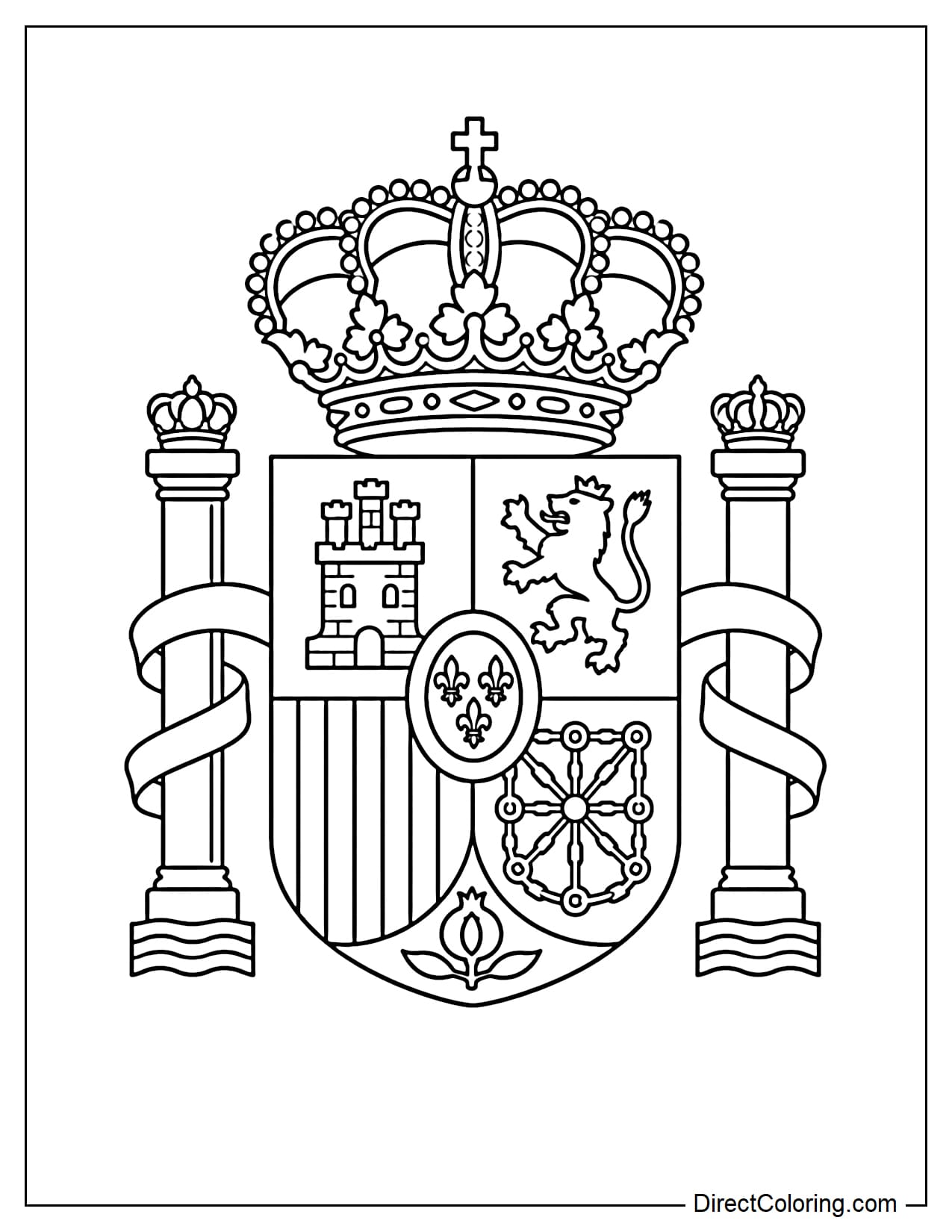 The Spanish coat of arms with key details such as the crown, the divided shield, the two columns on either side, and the ribbon, all simplified into large geometric shapes.