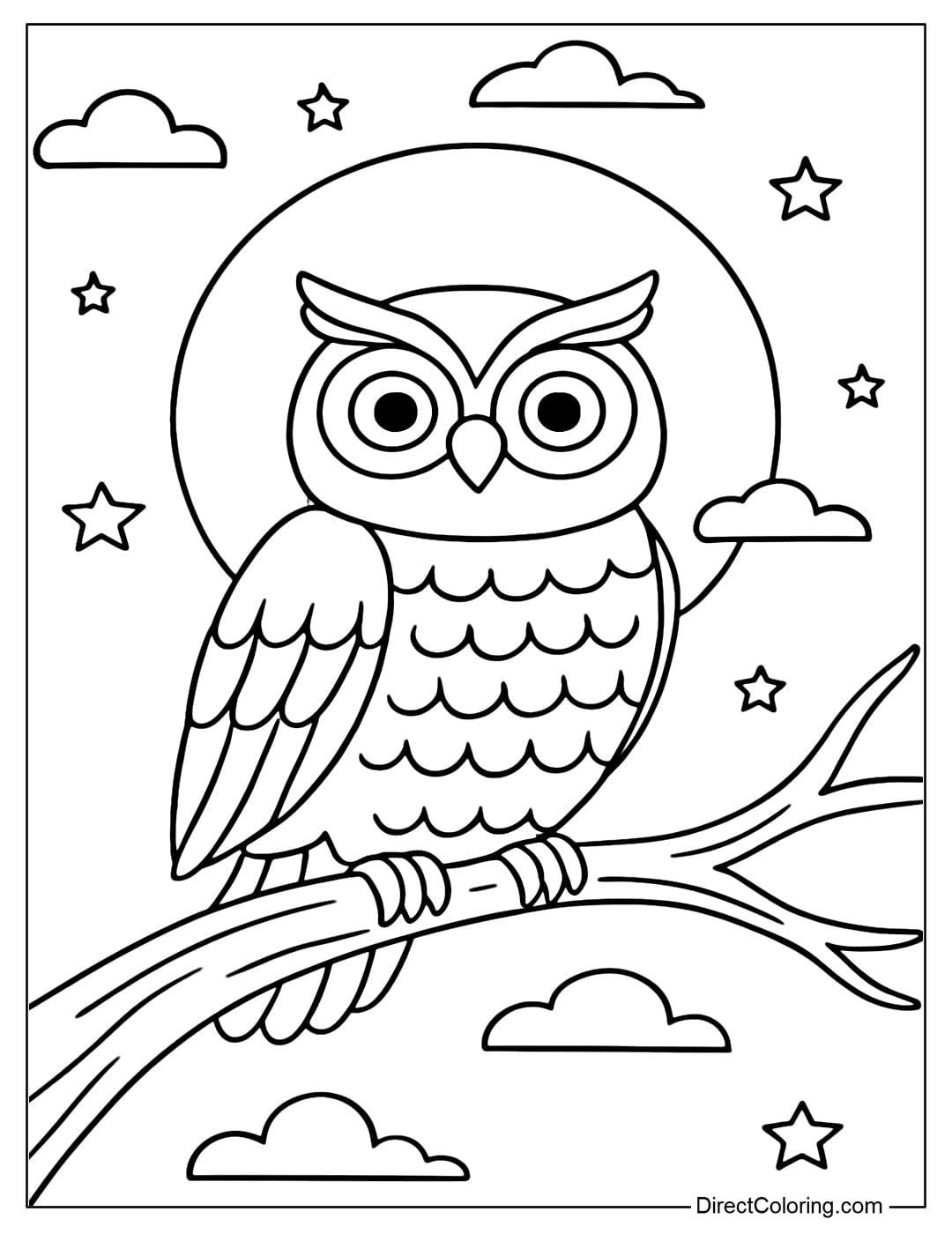 Coloring page of an owl sitting on a curved tree branch, behind is a full moon shining in the November sky.