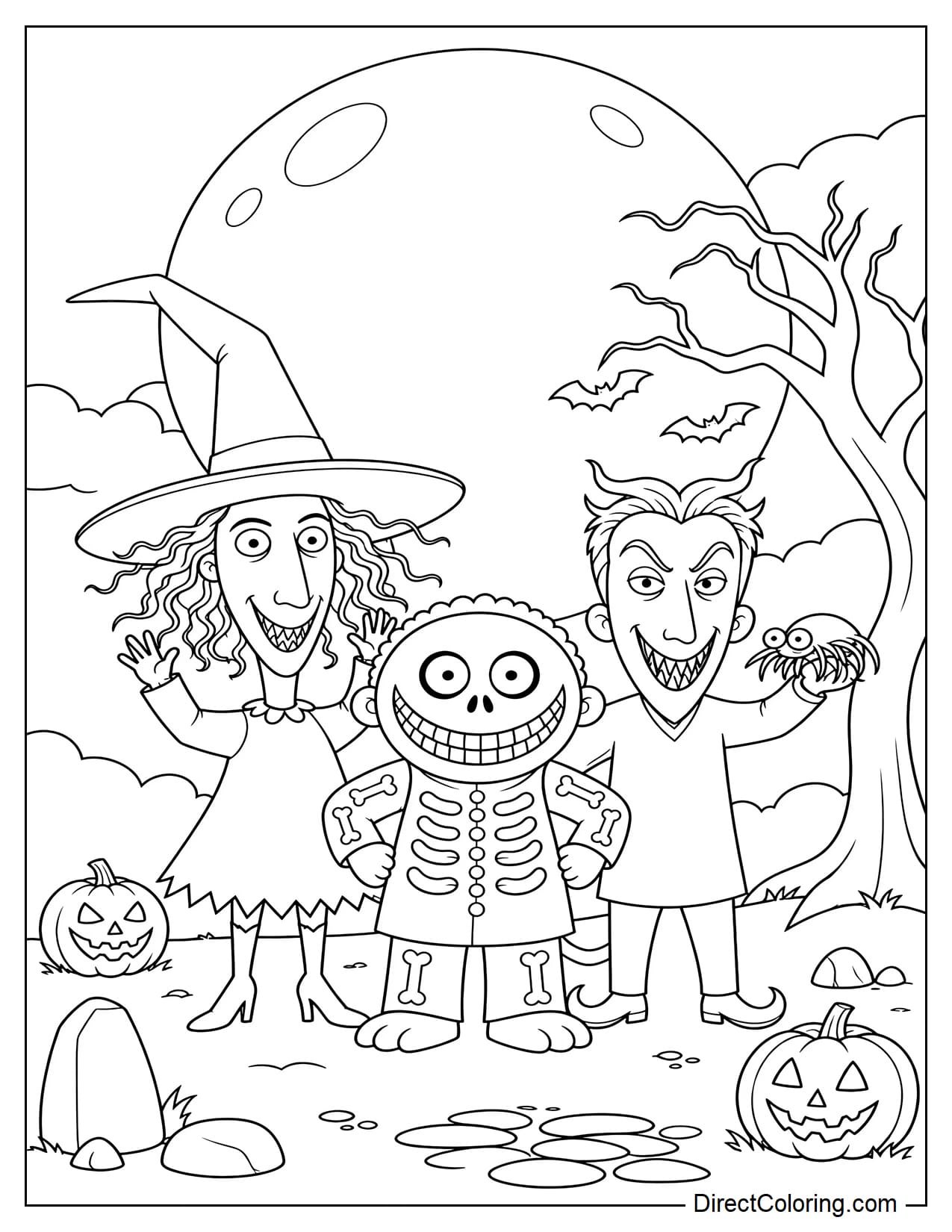 Lock, Shock, and Barrel standing together in a simple Halloween scene, with a large full moon behind them, a crooked bare tree nearby, and two pumpkins and a few stones at their feet.