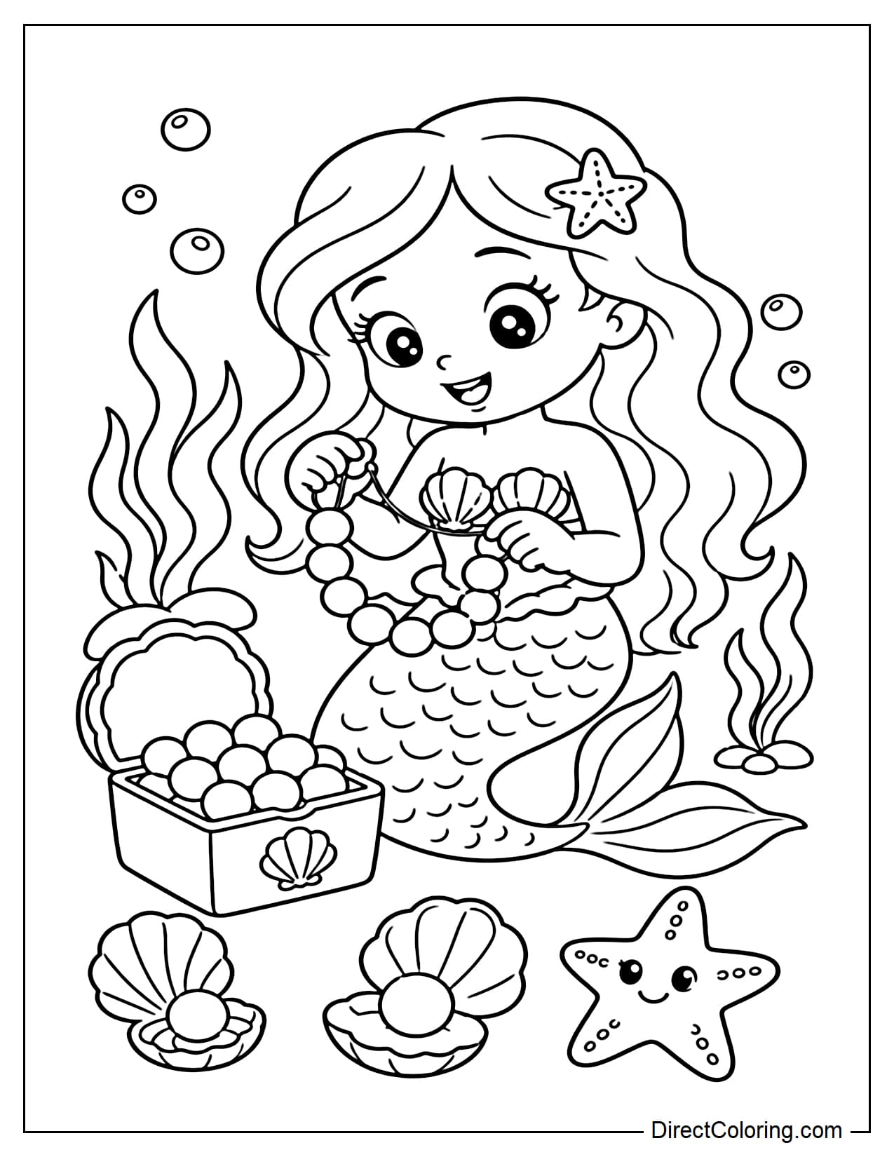 A mermaid is stringing large pearls into a necklace. Around her is a small pearl box, some open seashells, and a starfish.