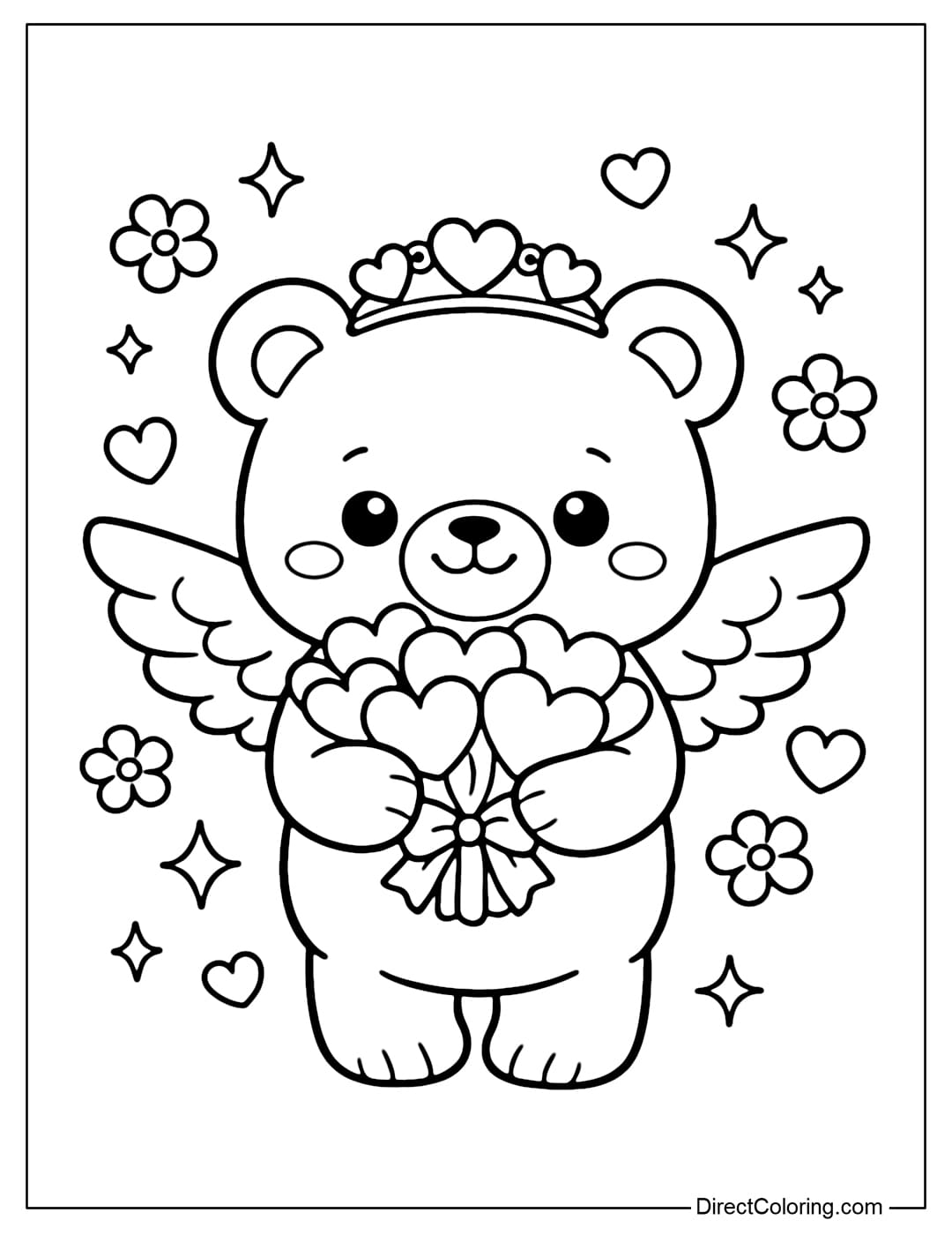 A cute Cupid bear with angel wings and a heart-shaped crown is hugging a bouquet of hearts, surrounded by small flowers and stars.
