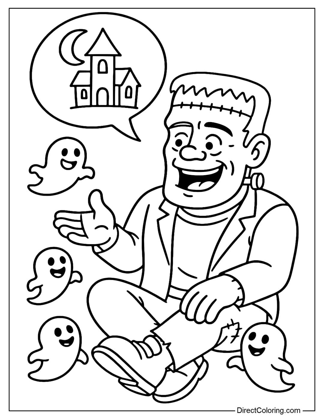A Frankenstein coloring page sitting and telling ghost stories to the little ghosts around.