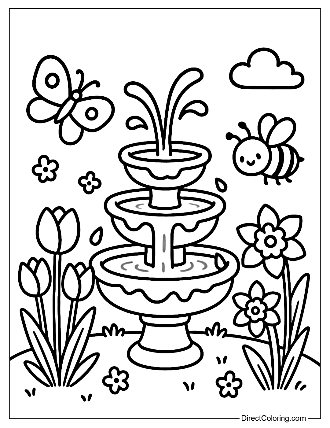 Coloring page with spring fountain with tulips, daffodils, butterflies, clear water