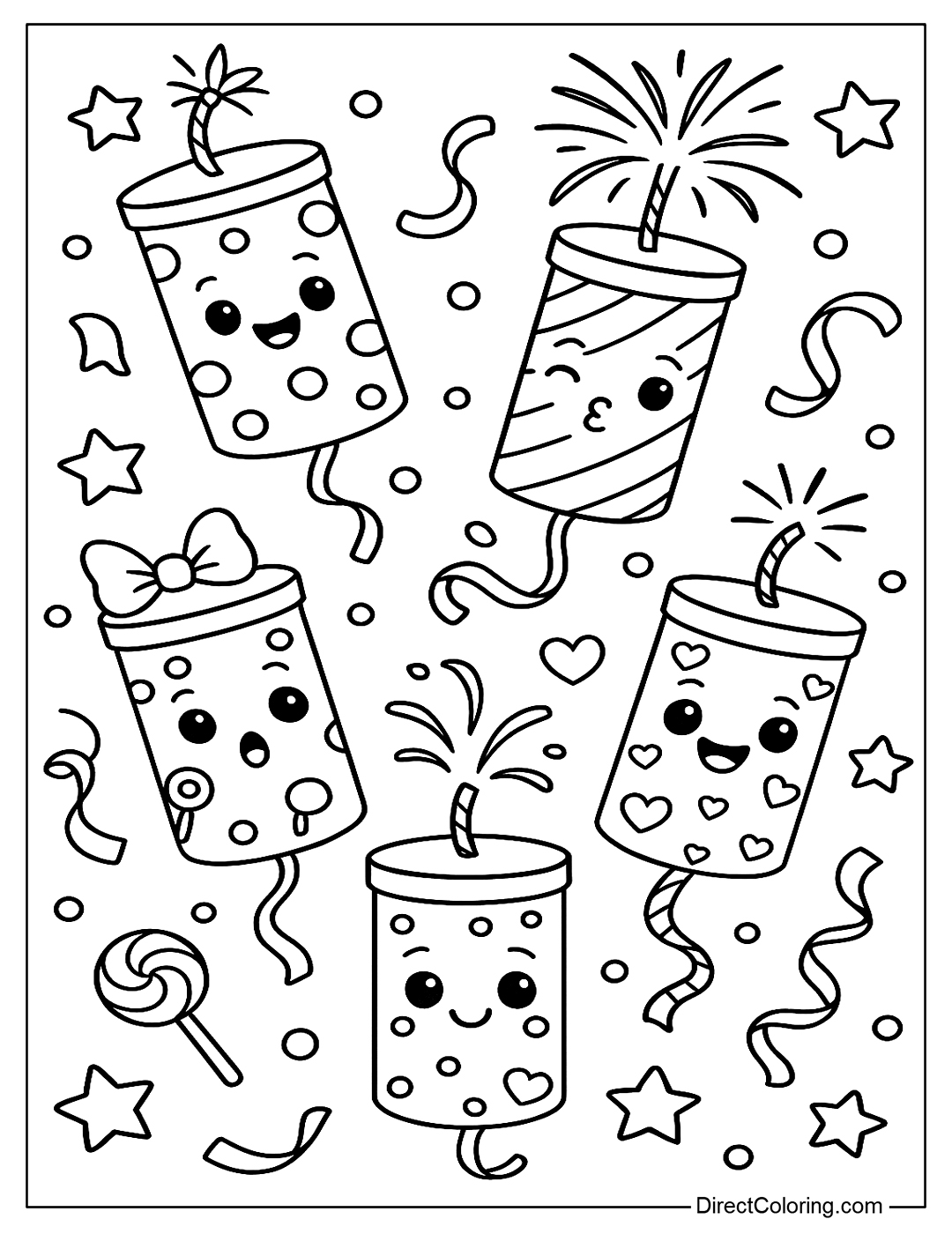 a coloring page of firecrackers with cartoon faces, decorated bodies with polka dots, candies, hearts