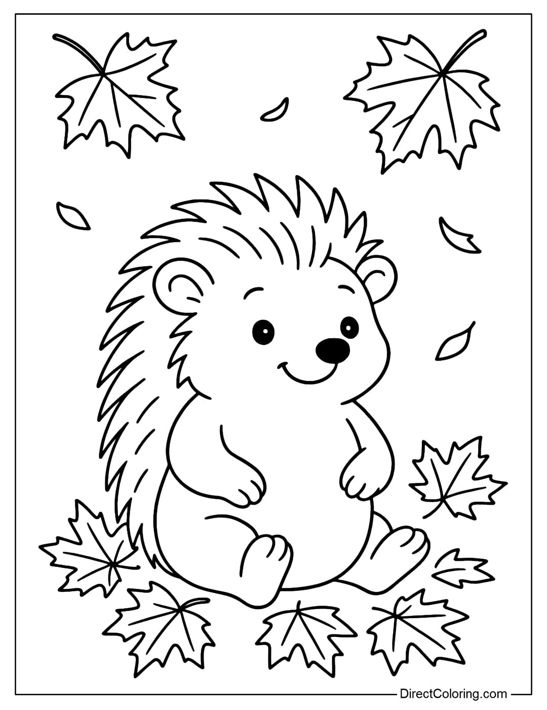Autumn Hedgehog Coloring Page A hedgehog coloring page sitting among the fallen yellow maple leaves.