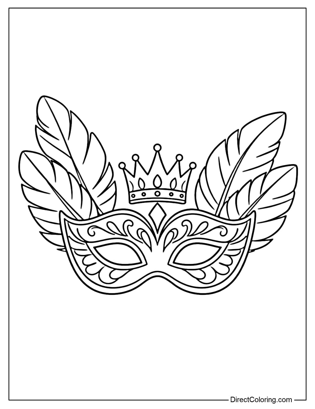 A coloring page featuring a Mardi Gras mask with a small crown on top and feathers on either side.
