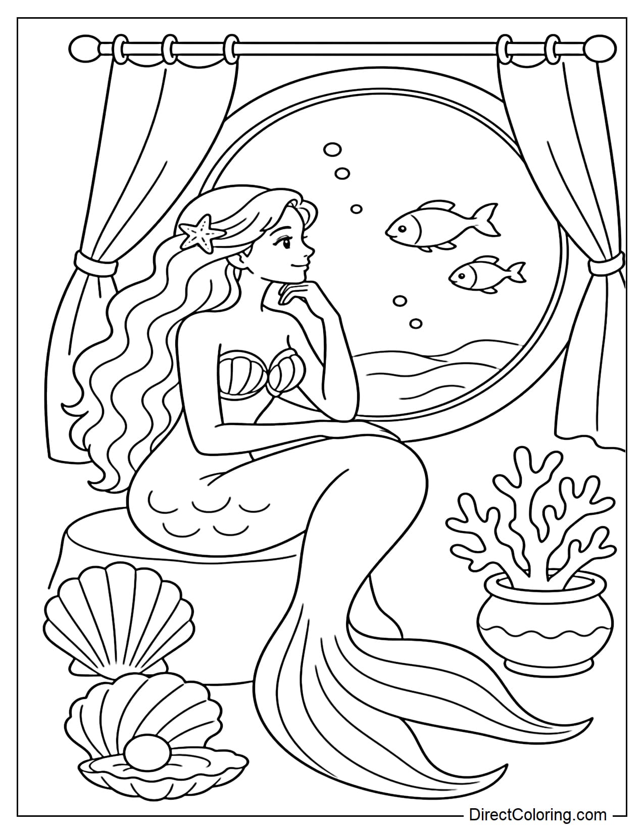 A mermaid is sitting by a round underwater window, watching schools of fish swim by. Inside are curtains, some seashells, and a small coral basin.