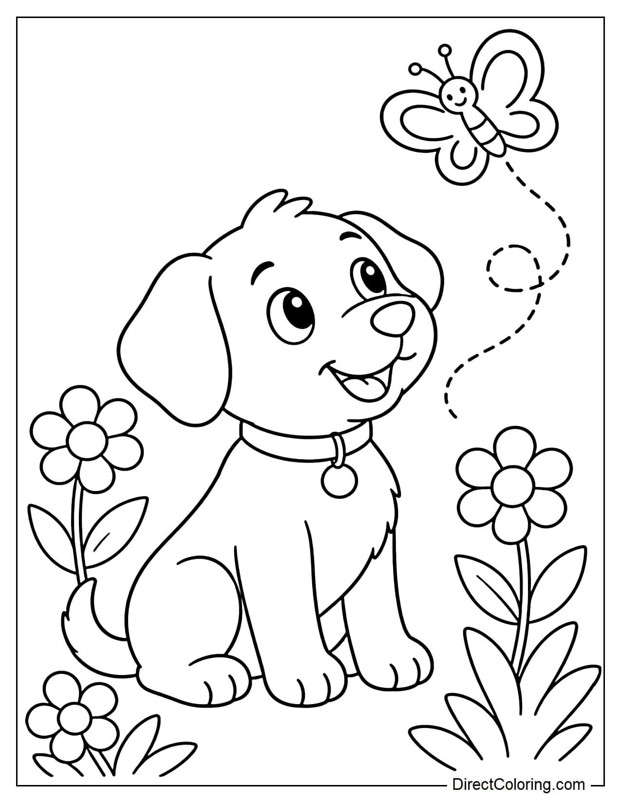 A puppy looks up at a small butterfly in the garden, surrounded by round flowers and leaves.