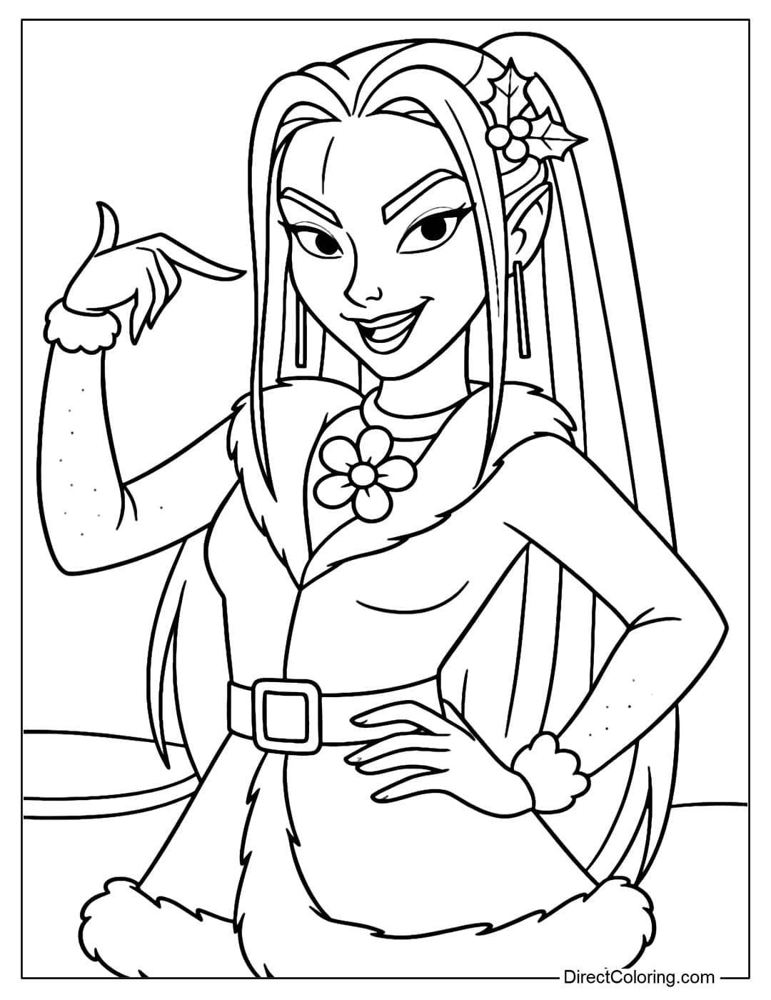Kpop Demon Hunters Mira coloring page. Fur-trimmed dress, big belt, pine needle hair clip and Christmas baubles bring Christmas atmosphere.