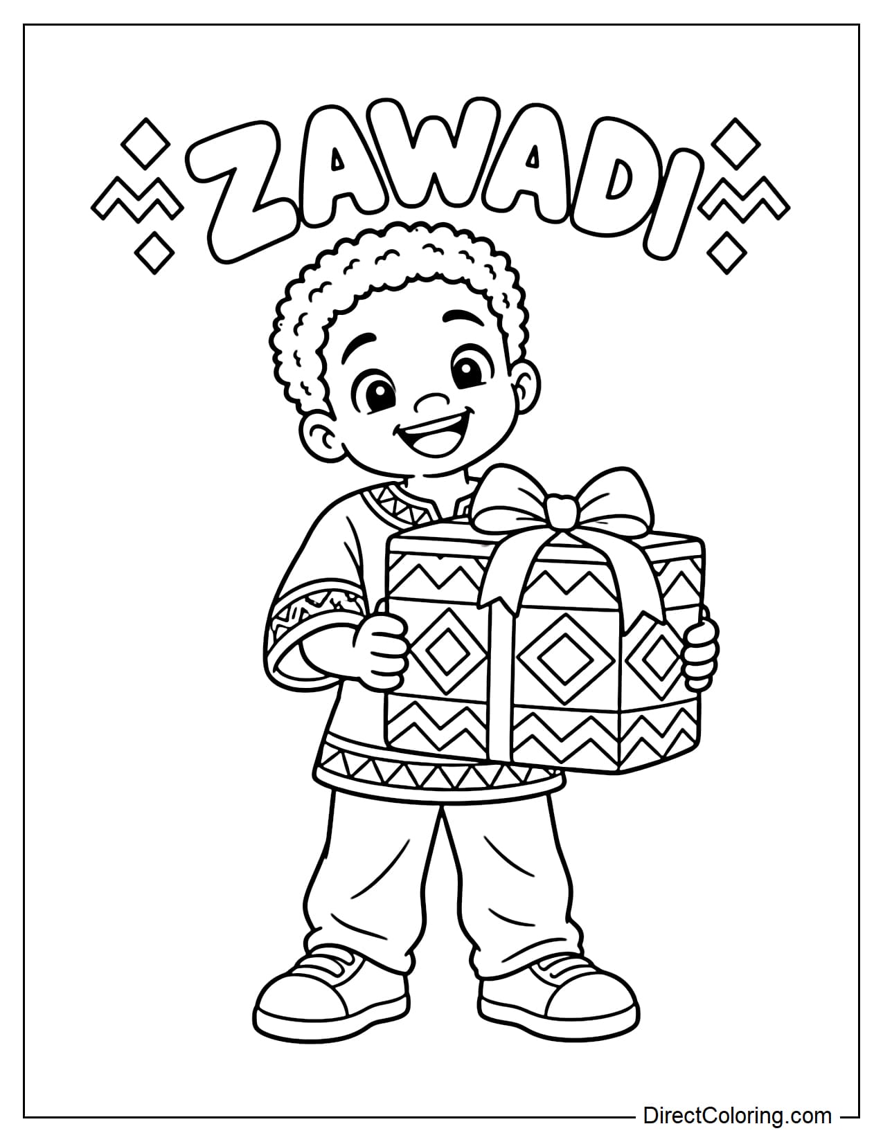 A cheerful African American boy with curly hair holds a Zawadi gift box wrapped in patterned fabric, with the word 
