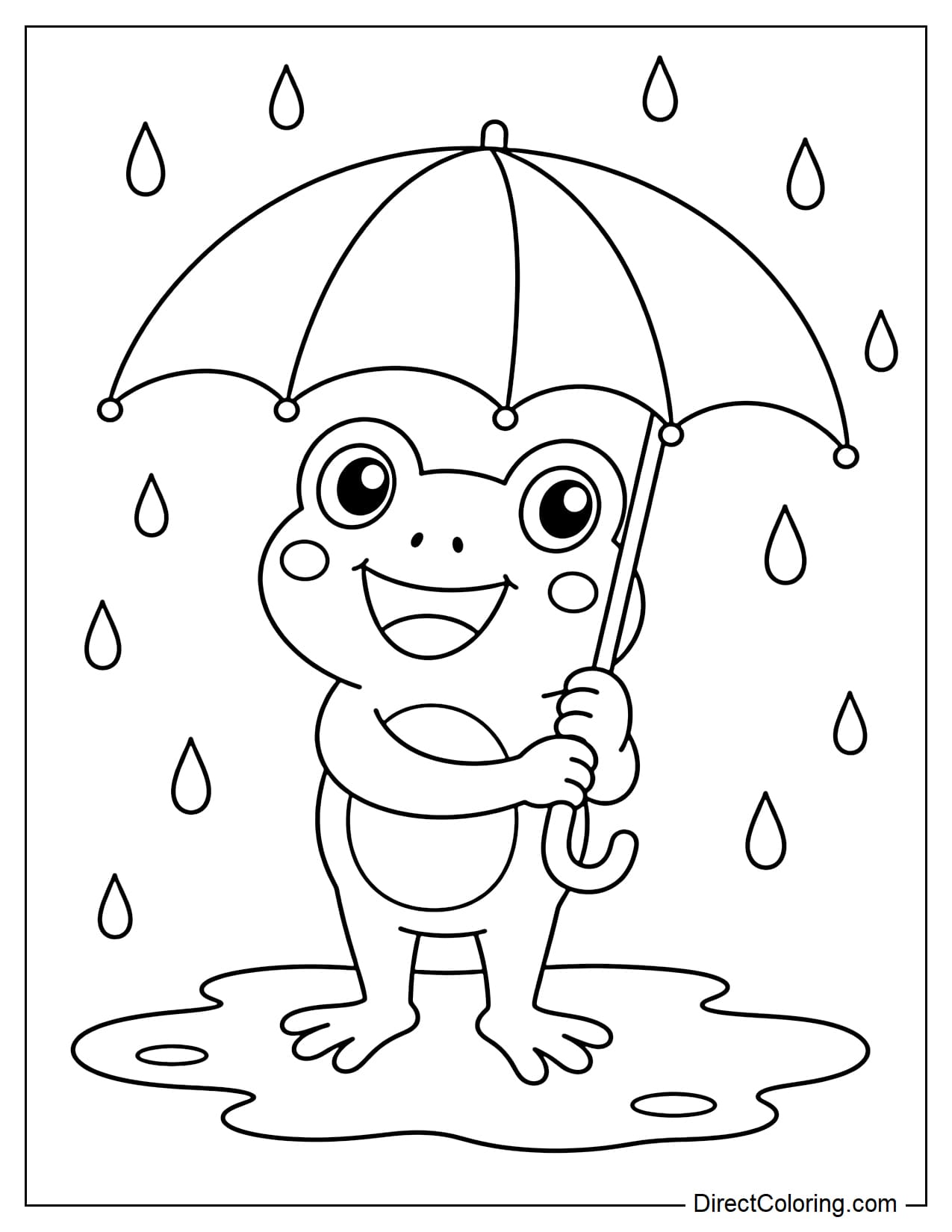 An adorable frog is holding a large umbrella in the rain, with a puddle and raindrops below.