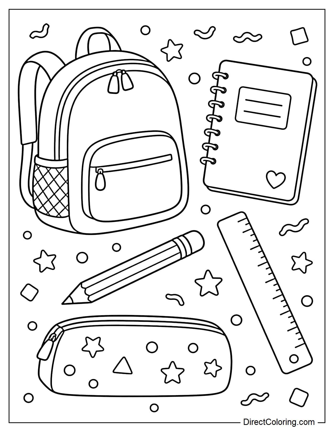 A flat lay includes a backpack, notebook, pencils, ruler, and pencil case, harmoniously arranged on one page, surrounded by polka dots, small stars, wavy lines, and geometric shapes.