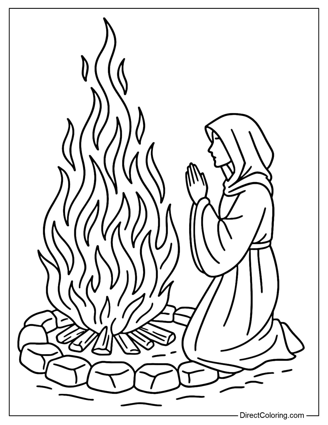 Fire ritual coloring page with stone circle, fire and person praying.