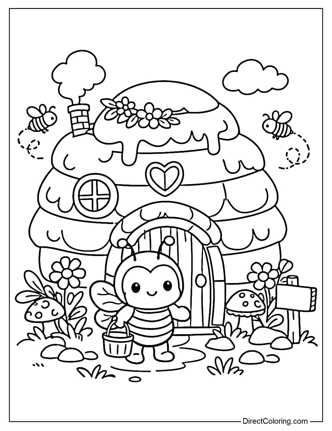 A coloring page of a small beehive house with a bee standing in front of the door, creating a warm and cozy atmosphere.