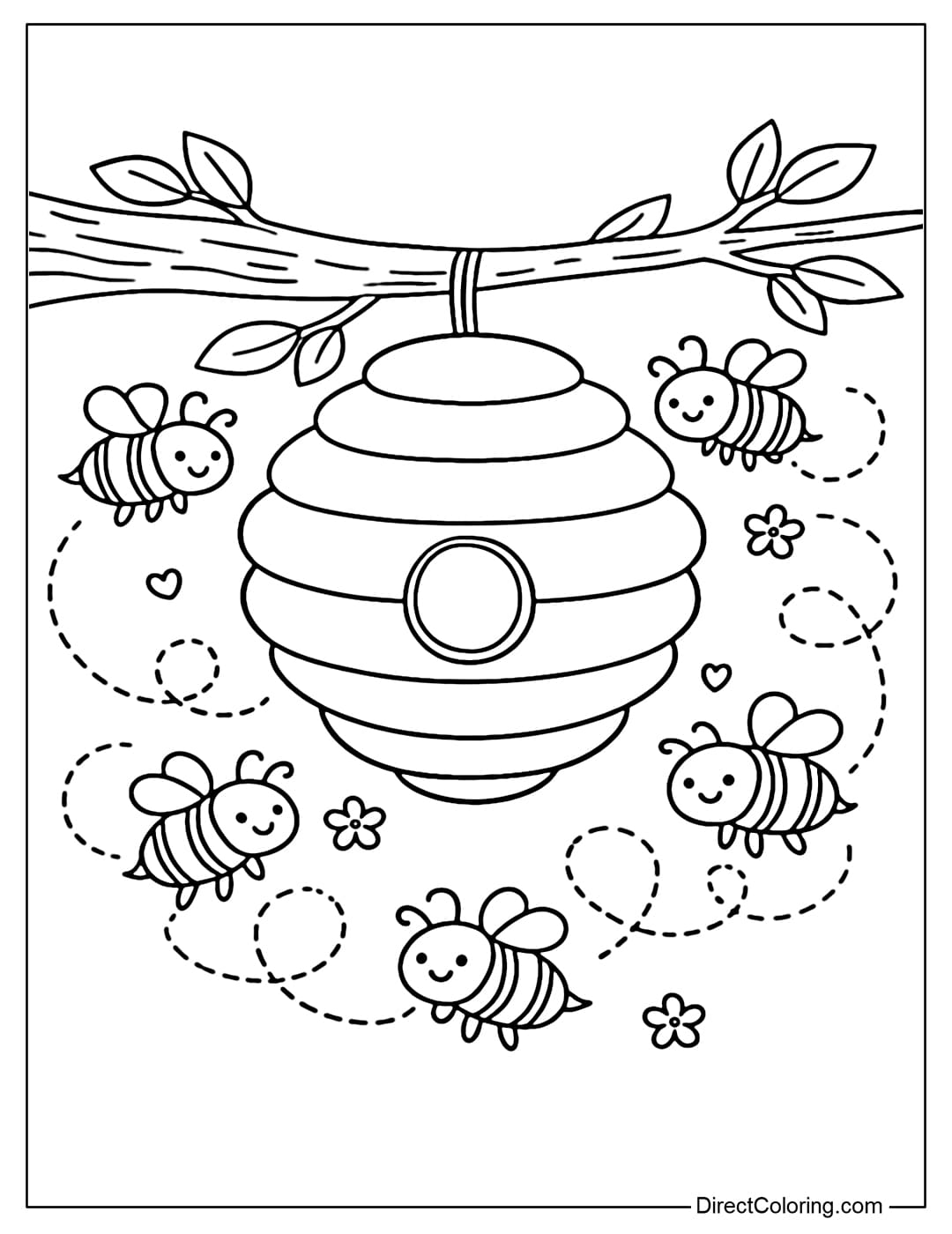 A coloring page of a round beehive on a branch, surrounded by several small bees flying around.