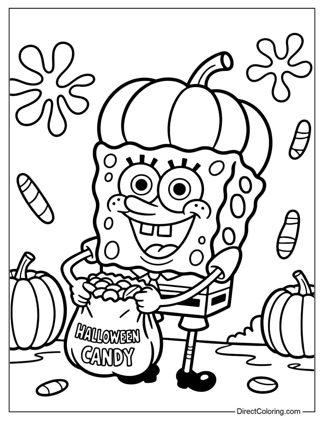 Coloring page of Spongebob wearing a pumpkin costume, smiling widely, holding Halloween candy.