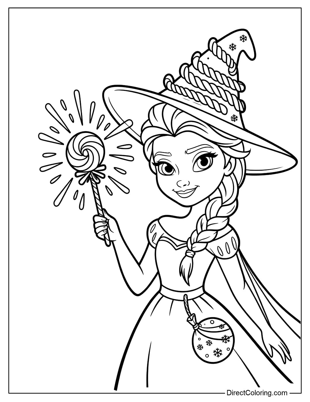 Coloring page Elsa in a candy witch costume, with a small candy bag around her waist. Her witch hat is decorated with twisted candy and snowflakes.