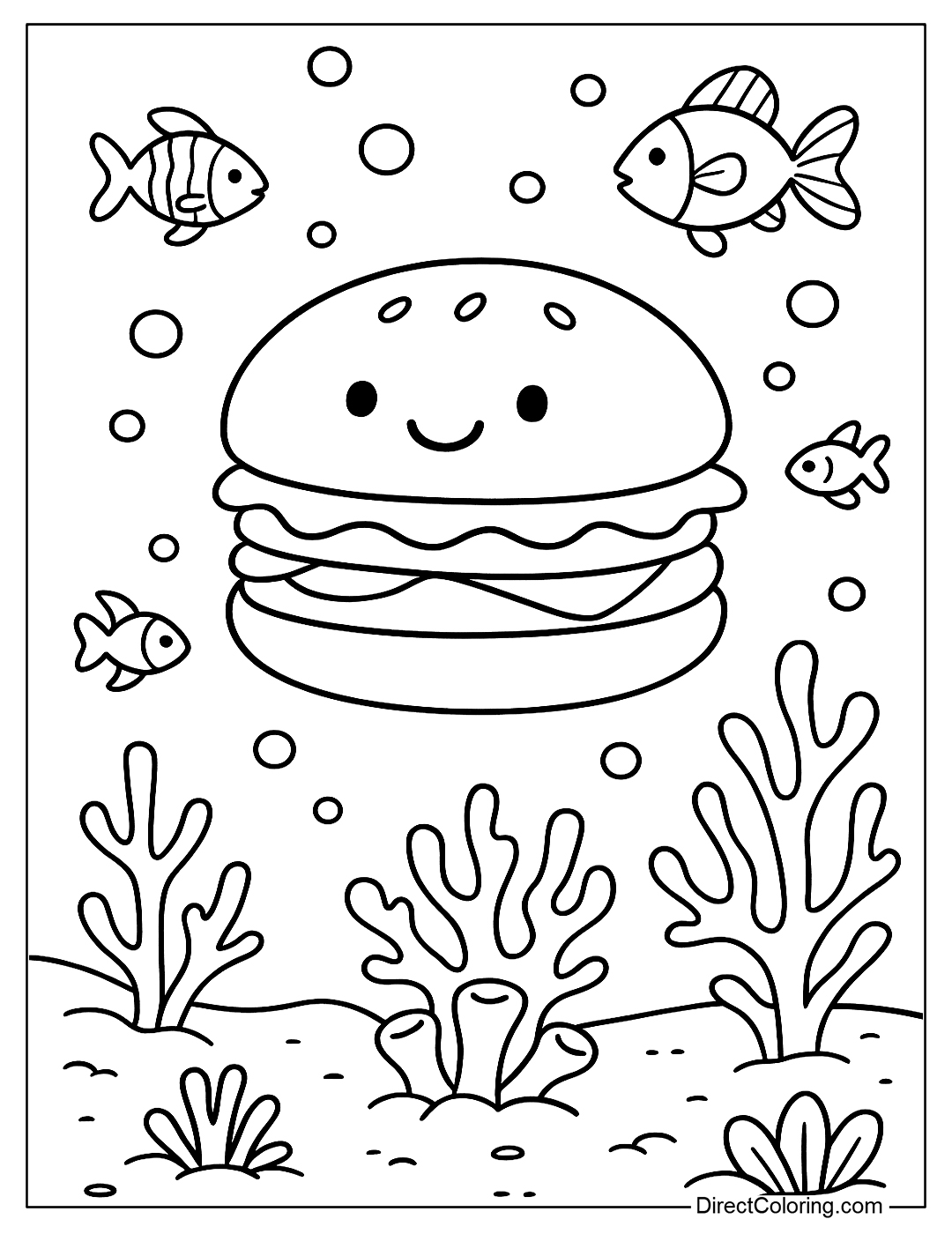 a coloring page of a hamburger under the ocean with coral, fish and water bubbles