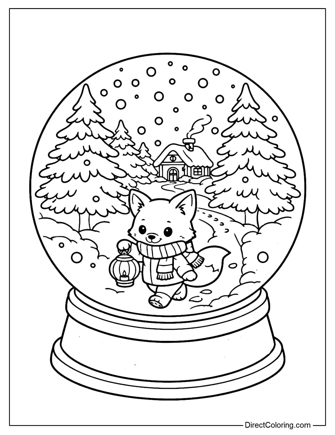 A coloring page featuring a snow globe with a fox cub wearing a scarf, carrying a round lantern, walking on a snowy path leading to a small house.