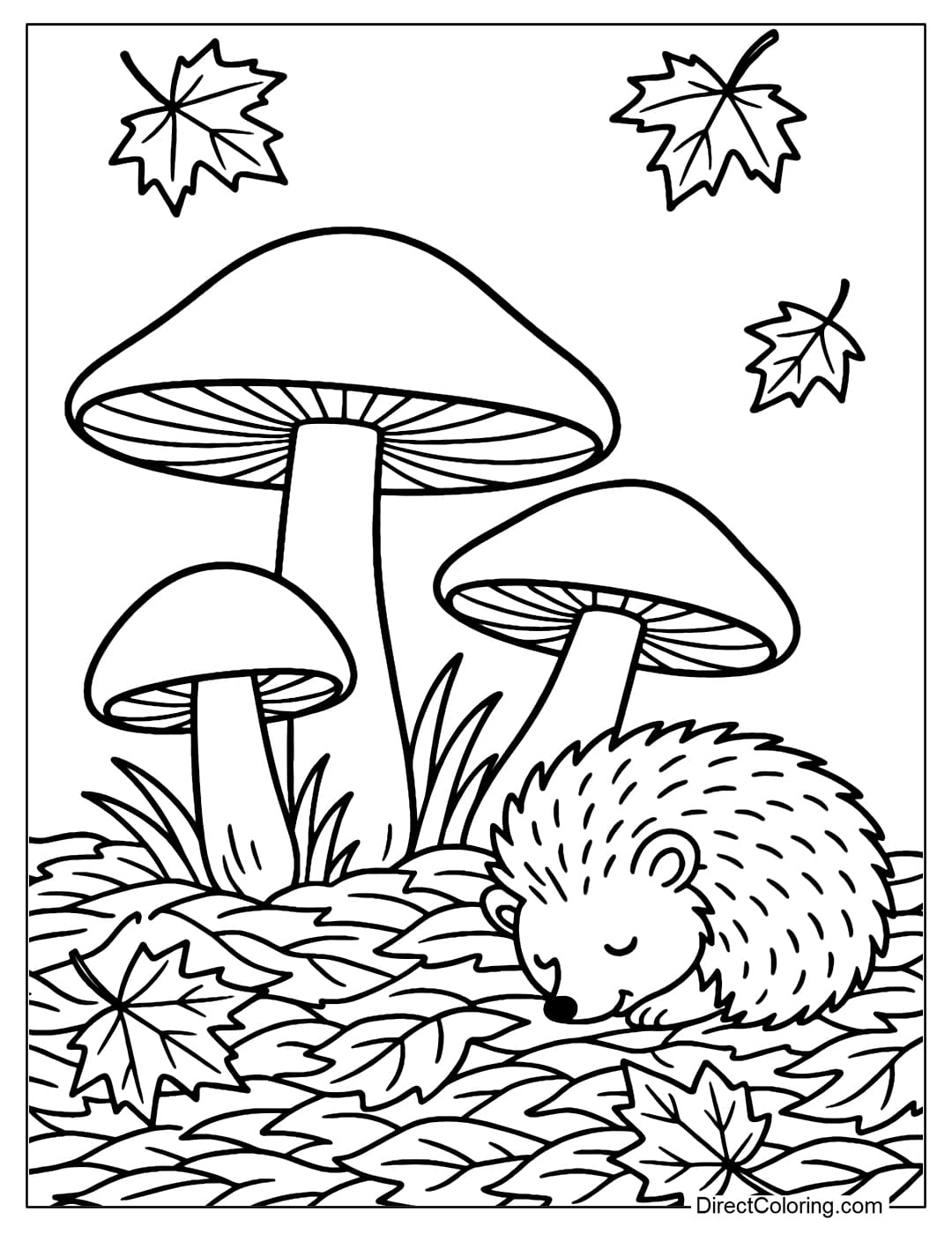 Mushroom and Hedgehog Coloring Page Coloring page of a cluster of mushrooms growing on a carpet of dry leaves in the forest, with a baby hedgehog curled up next to it.