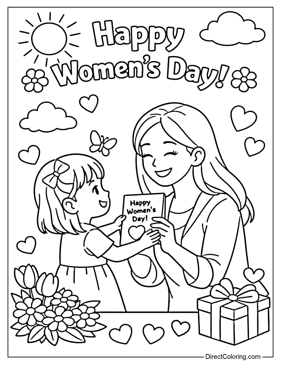 A coloring page of a child giving a Women's Day greeting card to their mother.