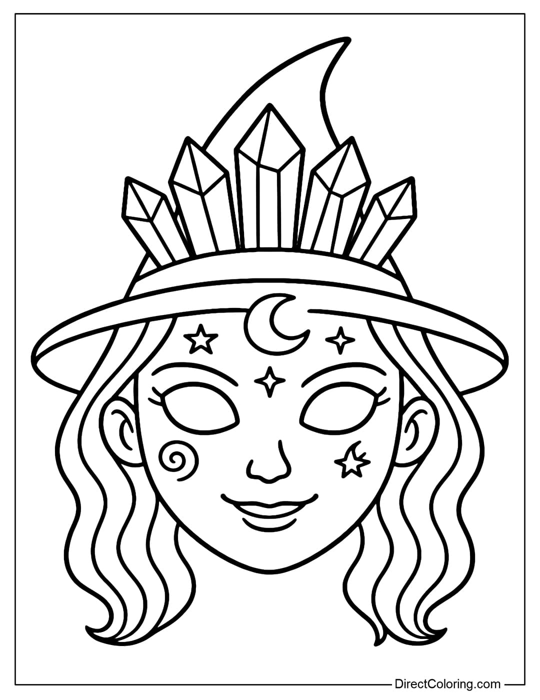 Halloween mask coloring page with a witch-shaped crown made of sharp crystals.