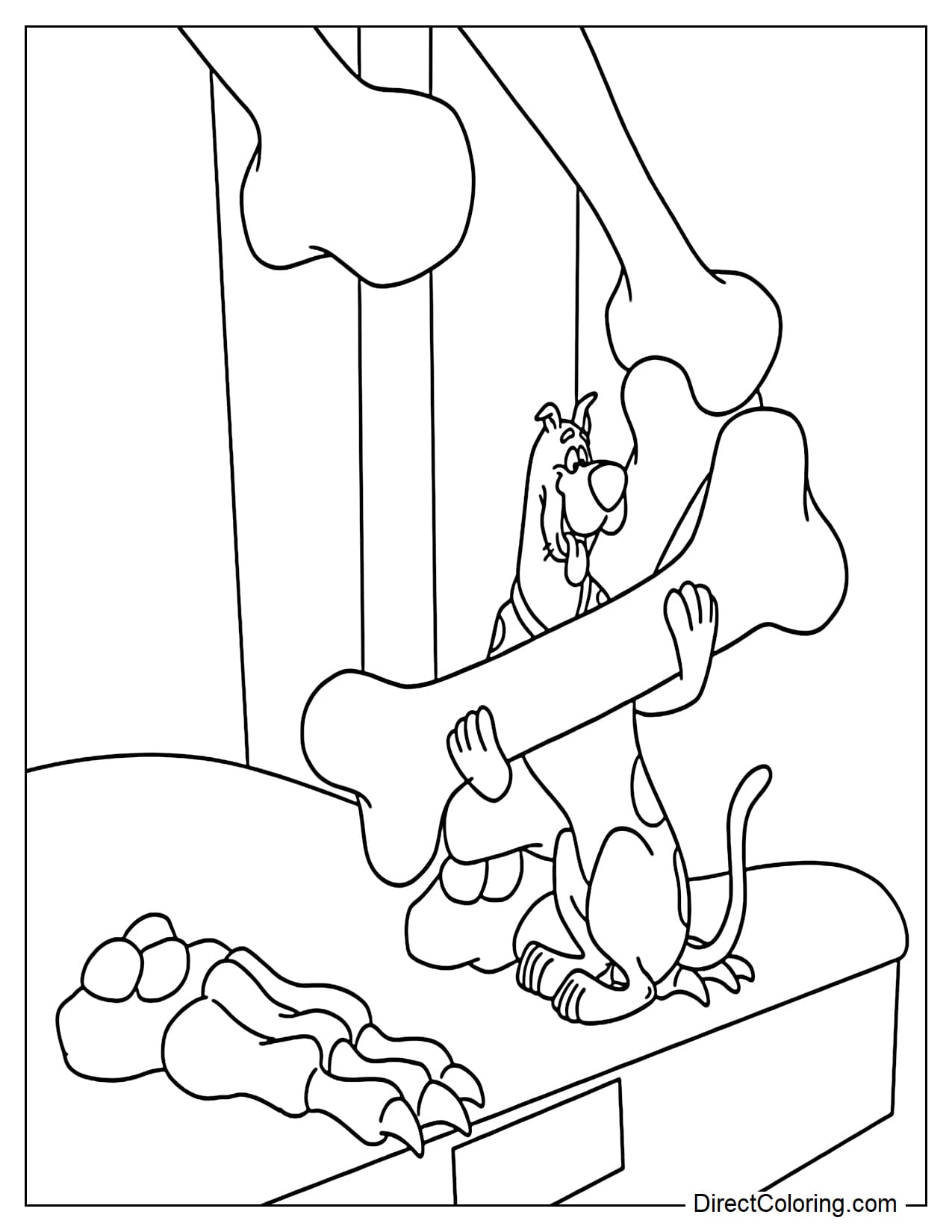 Scooby-Doo is happily hugging a huge giant bone with both front paws, showing an extremely excited and joyful expression.