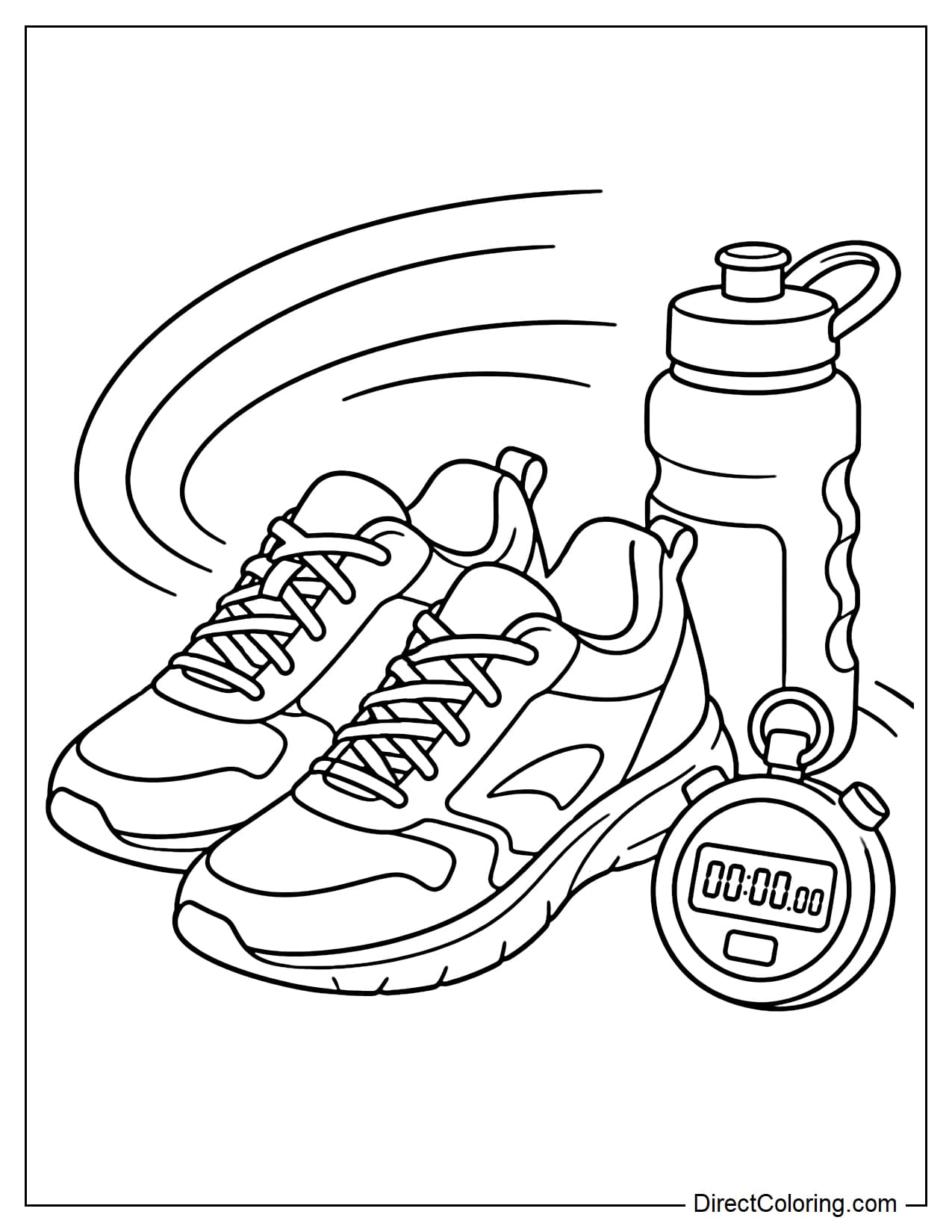 A modern pair of running shoes placed beside a stopwatch and a small sports water bottle.