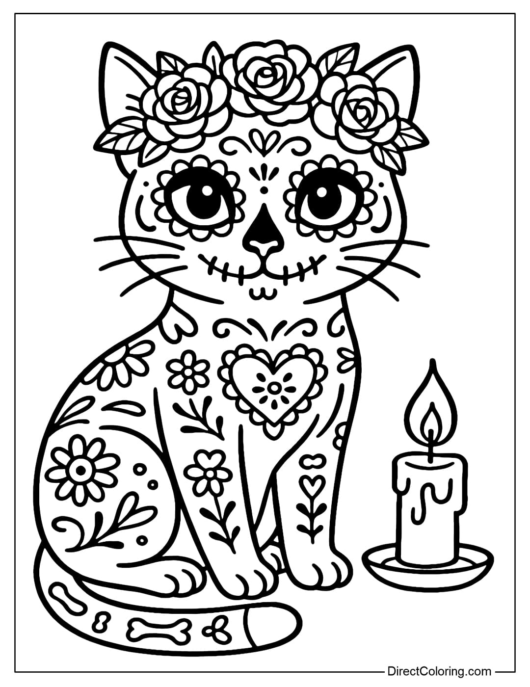 A coloring page of a cat wearing a wreath, with a face decorated like a sugar skull, sitting next to a small candle.