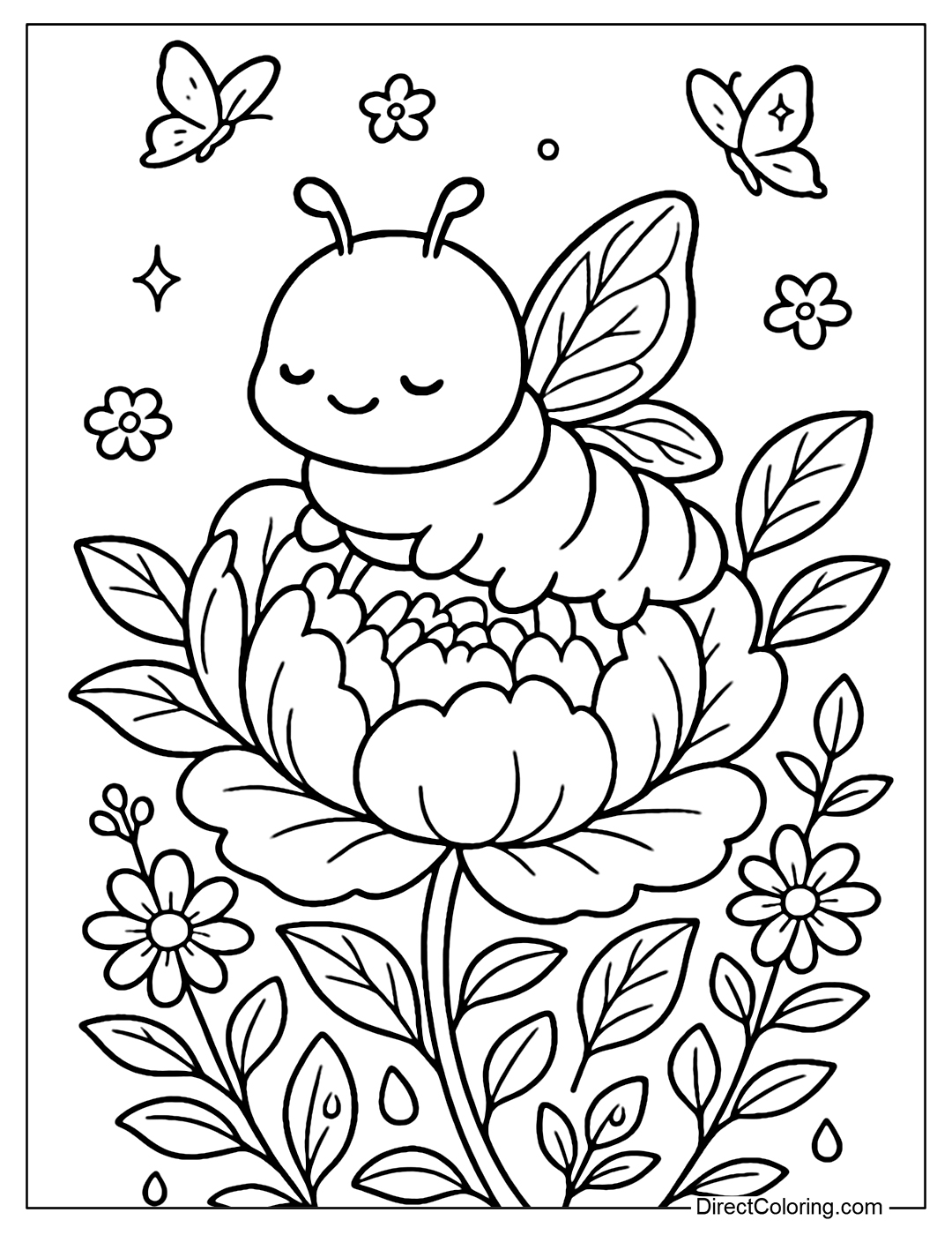 A chubby little caterpillar coloring page with thin fairy wings bordered with green leaves, slowly crawling on a giant peony petal.