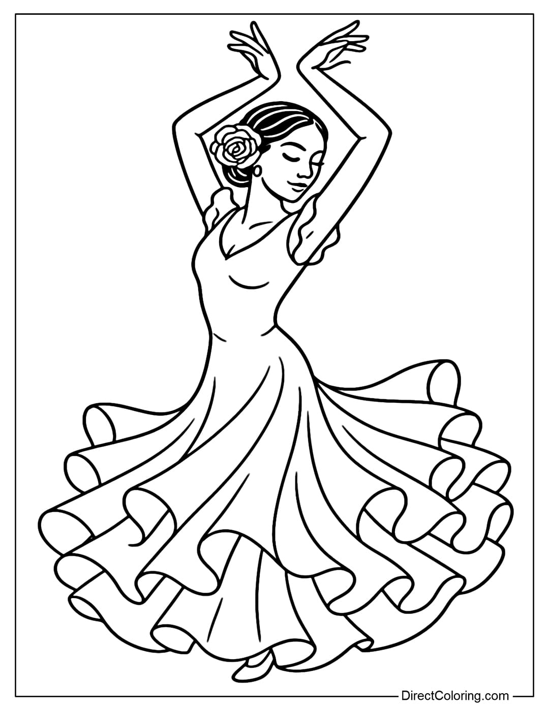 Coloring page of a Spanish flamenco dancer twirling her skirt, her arms raised, her hair tied in a bun with a large rose.
