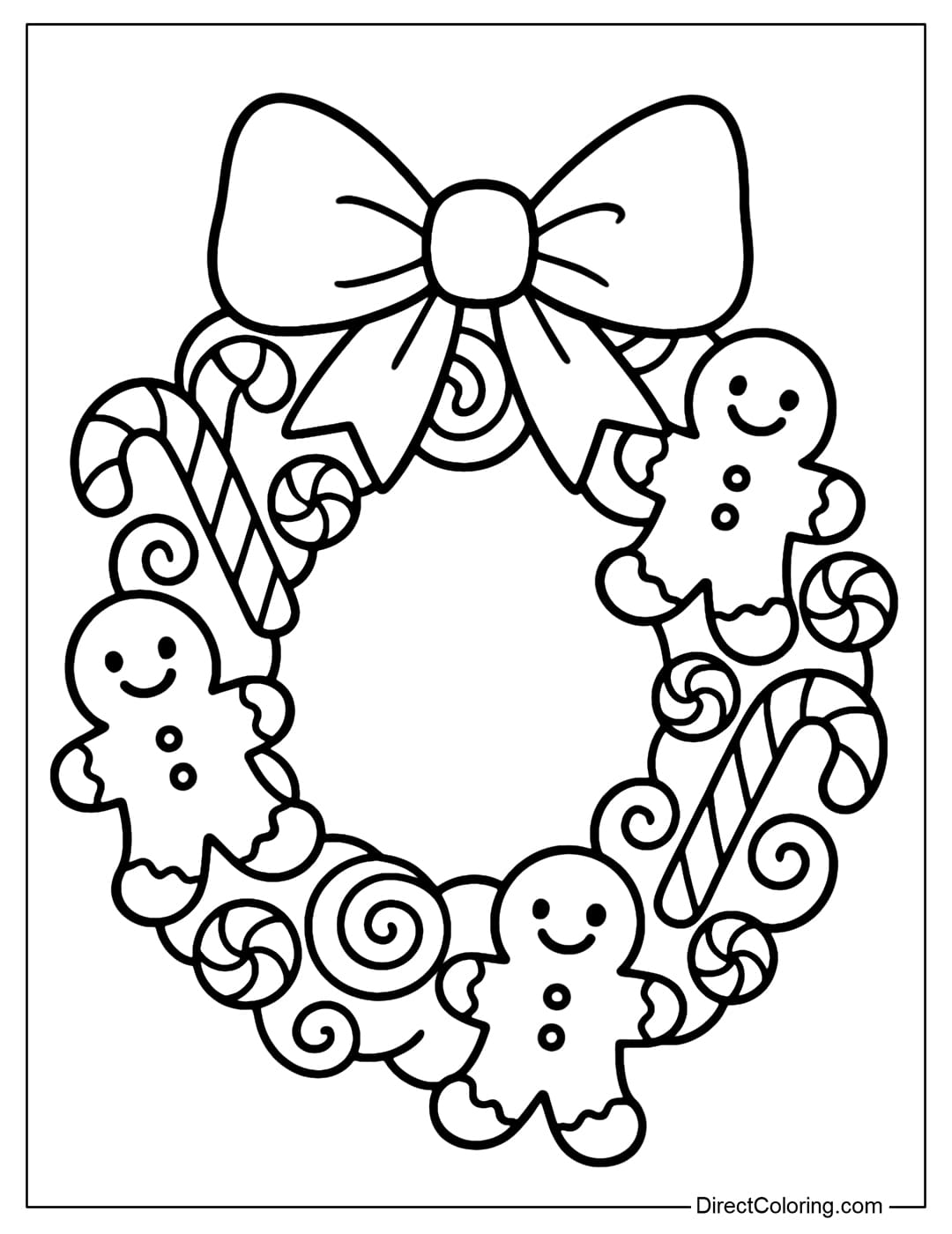 A wreath coloring page made from candy canes, gingerbread cookies, and candy swirls, tied with a big bow on top.