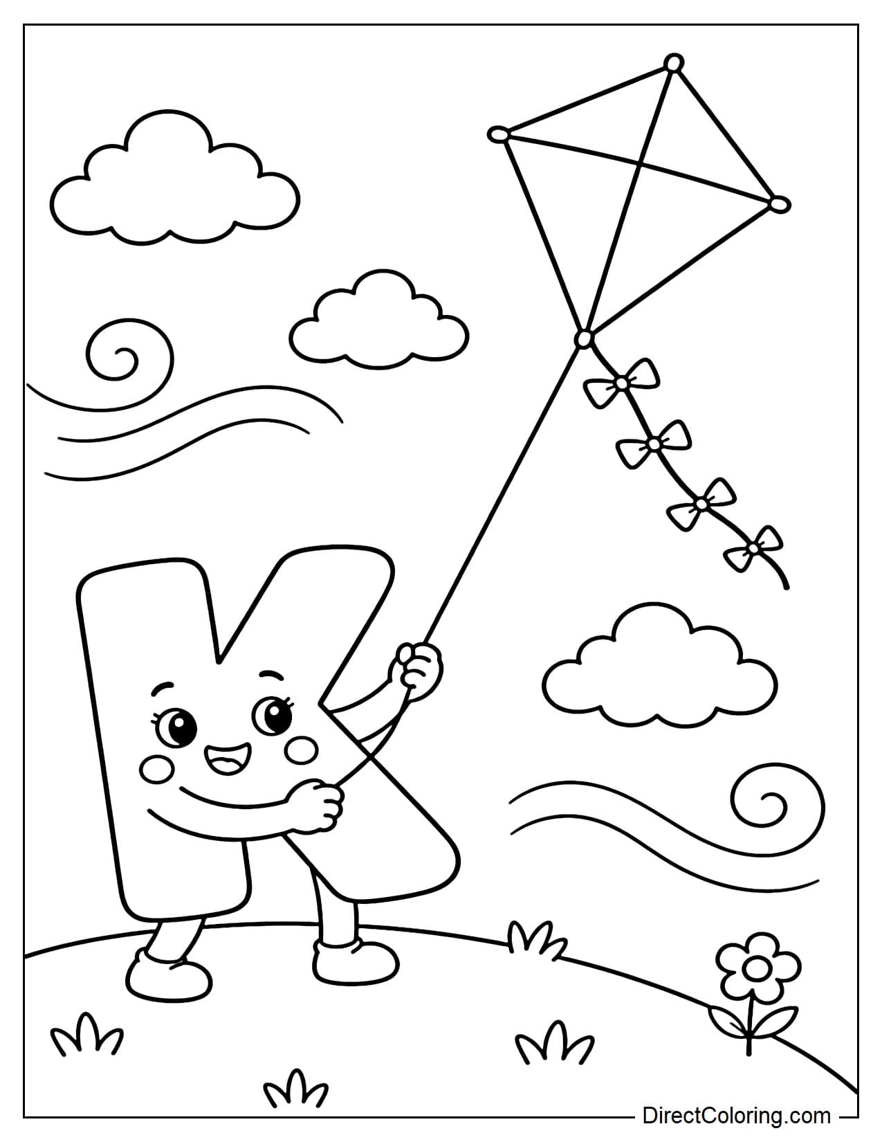 The adorable letter K is flying a large kite in the sky, surrounded by a few clouds and a simple, gentle breeze.