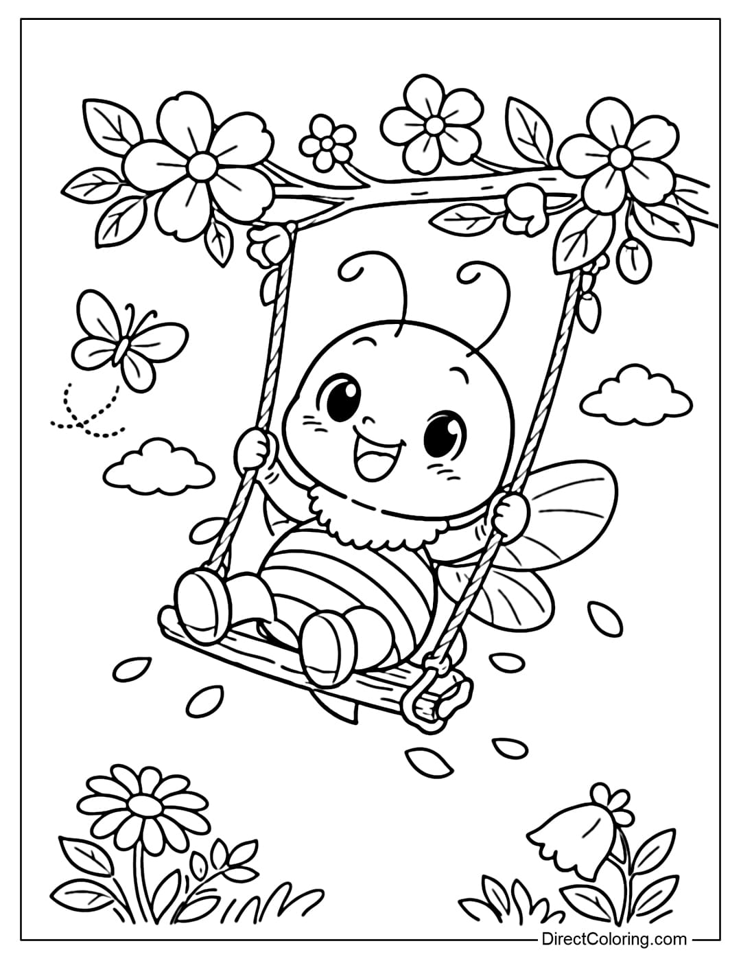 A coloring page showing a bee swinging on a flower branch, creating a cheerful and gentle feeling.