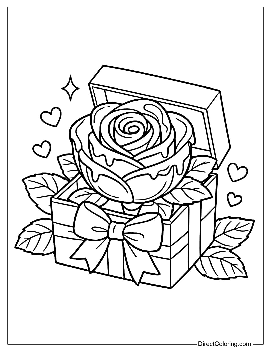 Coloring page of a chocolate rose placed inside a small gift box tied with a ribbon, surrounded by leaves and hearts.