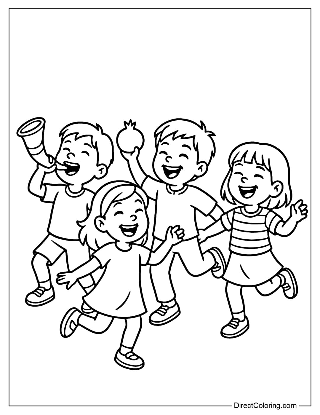 Coloring page of a group of children jumping around happily, one holding a shofar, one holding a pomegranate, everyone smiling.