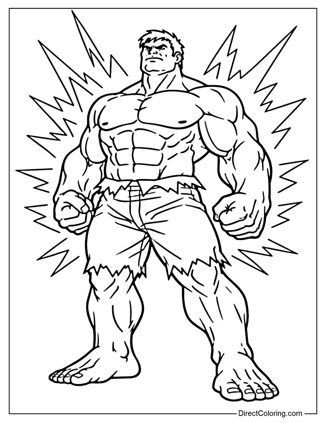 A coloring page of Hulk standing in a heroic pose, chest out and face determined, with some energy lines behind him.