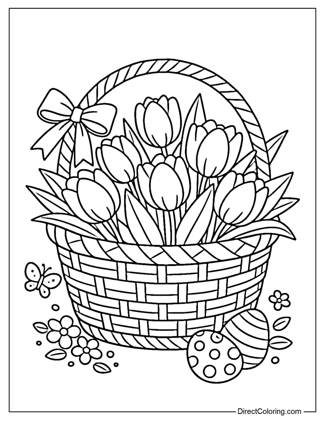 A coloring page of a lovely tulip basket, in a rustic and friendly style.